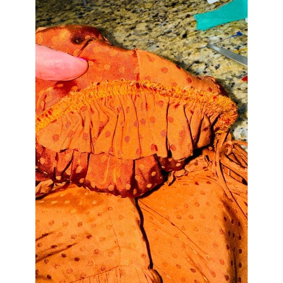 Draper James RSVP Orange Polka Dot Blouse Tie Neck Smocked Sleeves L Office SIre - Picture 13 of 13